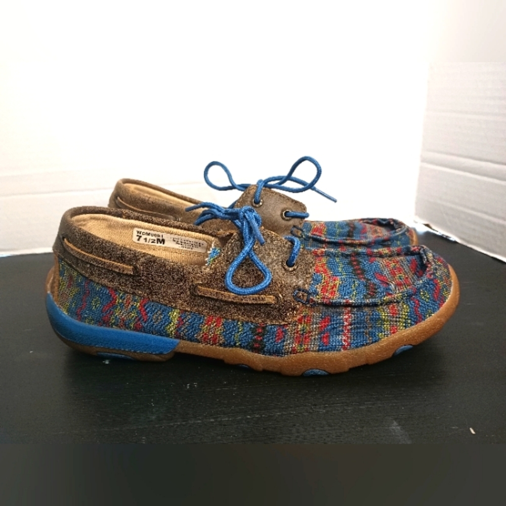 Twisted X Womens Boat Shoe 7.5M Driving Moccasin Aztec Southwestern Canvas